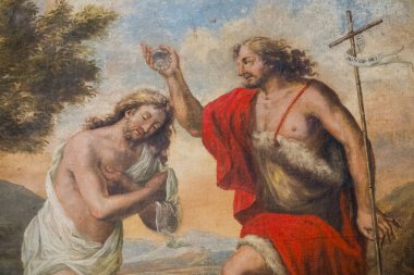 Auvillar, Fransa - 05-01-2025: Ürdün nehrinde Vaftizci Yahya tarafından yapılan İsa 'nın Vaftizinin Tablosu (19. yüzyıl)