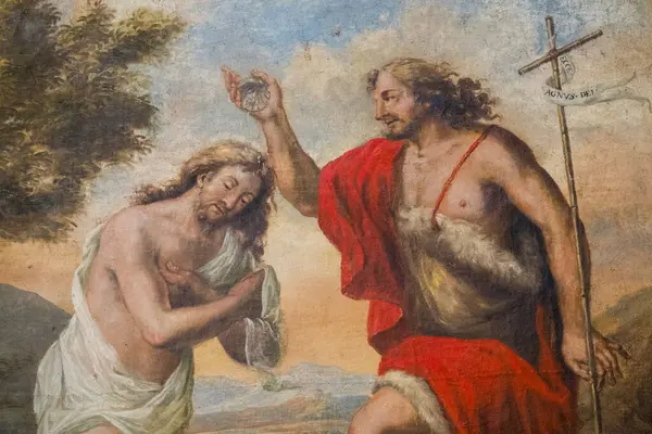 Auvillar, Fransa - 05-01-2025: Ürdün nehrinde Vaftizci Yahya tarafından yapılan İsa 'nın Vaftizinin Tablosu (19. yüzyıl)