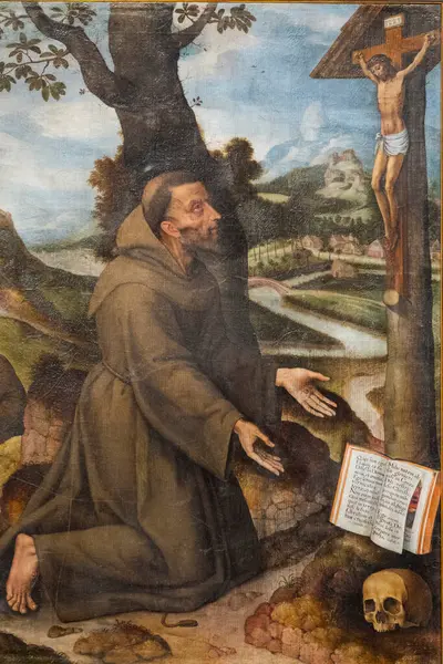 Zarautz, İspanya - 04-29-2025: Assisi 'li Aziz Francis' in 19. yüzyıl resmi. Katolik Kilisesi 'nin Aziz ve Mistik' i, Fransisken Düzeni 'nin kurucusu..