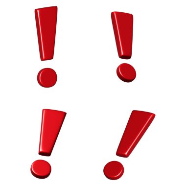 Beyaz arka planda kırmızı ünlem işareti. 3d oluşturma