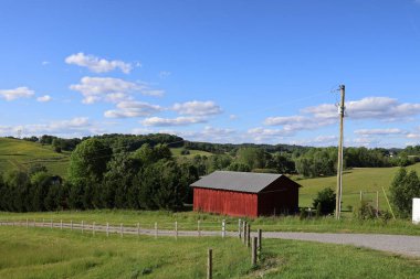 Mavi gökyüzünün altındaki yeşil çimen tarlasında güzel bir ahır görüntüsü