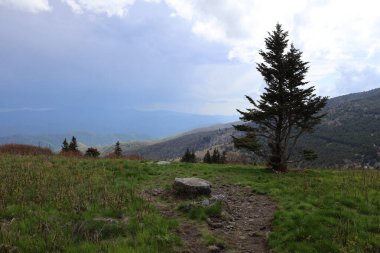 Büyük Smokey Dağları üzerinde fırtınalı bir atmosfere bakan mavi dağ tepesinden bir manzara.