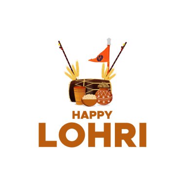 Hint Punjab festivali Lohri yangın arka planında süslü davul ve festival unsurlarıyla şenlik ateşi. vektör çizimi tasarımı.