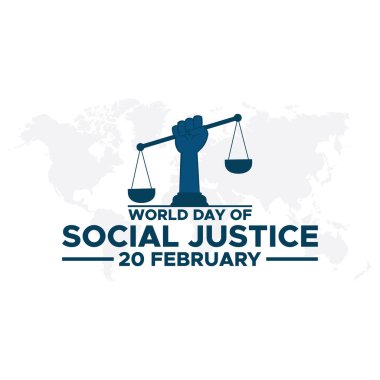 Dünya Sosyal Adalet Günü. 20 Şubat. Uluslararası Adalet Günü metniyle Uluslararası Adalet Günü kavramı. Poster pankartı şablon tasarımı.