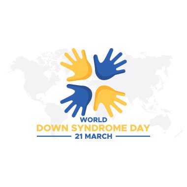 Dünya Down Sendromu Günü. 21 Mart Dünya Down Sendromu Günü. Dünya Down Sendromu Günü. 21 Mart. Sarı ve mavi palmiye işareti. Beyaz arka plan. Eps 10.