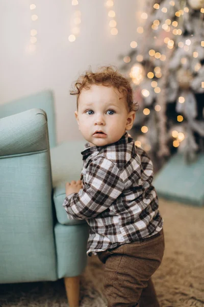 Little Curly Boy Spends Time Home Christmas Tree — Stock Photo, Image