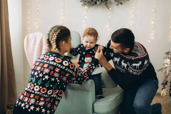 Portrait Happy Family Father Mother Little Curly Son Celebrating Christmas — Stock Photo, Image