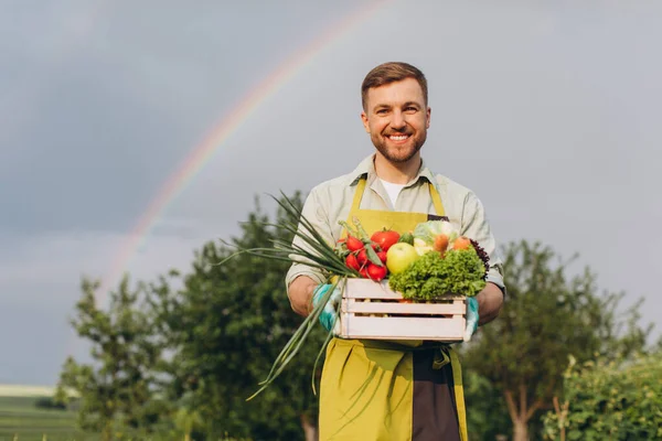 Homem Jardineiro Feliz Segurando Cesta Com Legumes Frescos Arco Íris — Fotografia de Stock