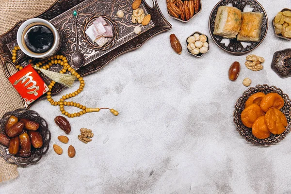 Banner Traditional Arabic Dishes Food Sets Koran Rosary Ramadan Table — Stock Photo, Image