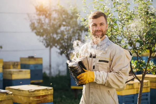 Портрет Мужчины Пчеловода Курящего Соты Пчелиного Улья Пчелами Роящимися Вокруг — стоковое фото