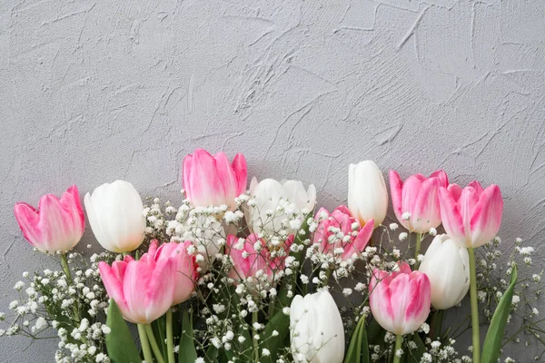 Pink Tulips White Gypsophila Flowers Bouquet Stylish Gray Stone Background — Stock Photo, Image