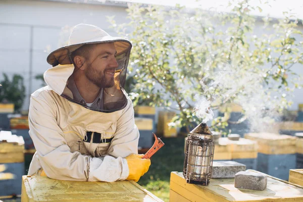 Arılarla Arı Kovanlarının Yakınında Çalışan Mutlu Bir Erkek Arı Yetiştiricisinin — Stok fotoğraf