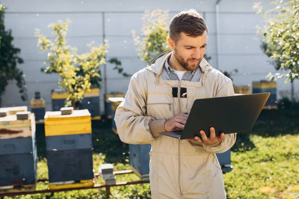 Férfi Agronómus Vagy Mérnök Védőruhában Dolgozik Laptop Méhgazdaságban — Stock Fotó