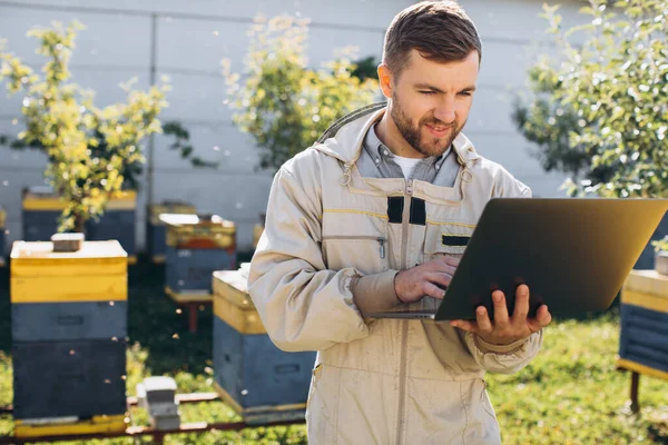 Férfi Agronómus Vagy Mérnök Védőruhában Dolgozik Laptop Méhgazdaságban — Stock Fotó