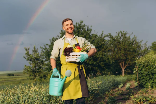 Happy Gardener Man Holding Basket Fresh Vegetables Rainbow Garden Background — Stock Photo, Image