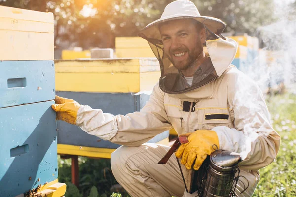 Portret Szczęśliwego Pszczelarza Pracującego Pasiece Niedaleko Uli Pszczołami Zbieraj Miód — Zdjęcie stockowe
