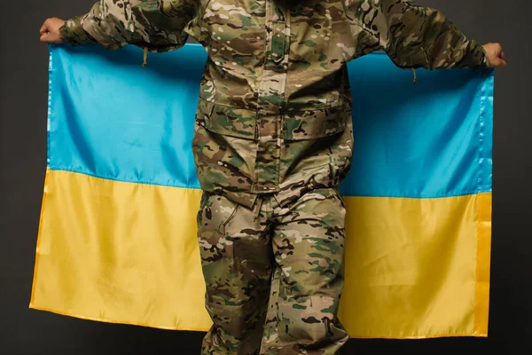 Портрет Відважного Українського Військового Тримає Прапор України Концепція Свободи — стокове фото