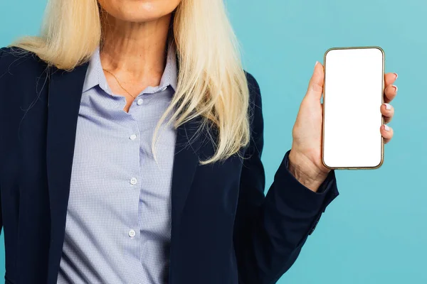 Portrait Mature Businesswoman Formal Wear Suit Holding Smartphone White Blank — Stock Photo, Image