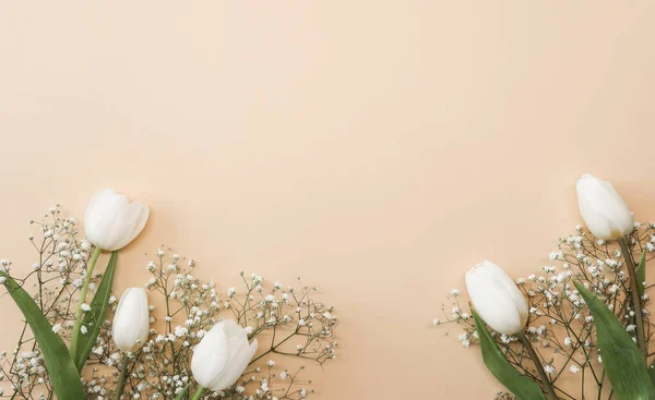 Білі Тюльпани Гіпсофільні Квіти Букетують Бежевому Тлі День Матері Ідея — стокове фото