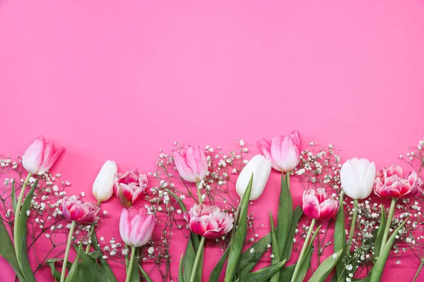 Ροζ Τουλίπες Και Λευκές Γυψόφυλλες Ανθίζουν Μπουκέτο Ροζ Φόντο Ημέρα — Φωτογραφία Αρχείου