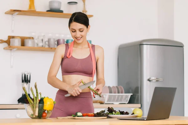 Portrait Happy Sporty Woman Blogger Making Asparagus Cooking Leading Video — Stock Photo, Image