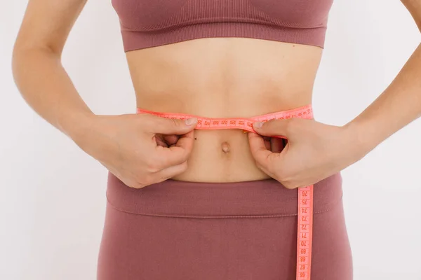 Happy Woman Measures Ruler Her Belly Concept Diet Weight Loss — Stock Photo, Image