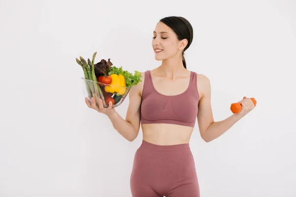 Beautiful Happy Young Woman Tray Various Healthy Vegetables Showing Her — Stock Photo, Image