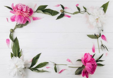 Beyaz ahşap arka planda pembe ve beyaz şakayıklar, kopyalama alanı, düzlük, tebrik kartı.