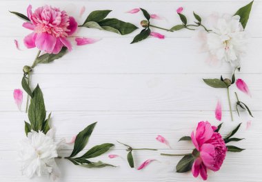 Beyaz ahşap arka planda pembe ve beyaz şakayıklar, kopyalama alanı, düzlük, tebrik kartı.