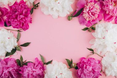 Pastel pembe arka planda pembe ve beyaz şakayıklar, kopyalama alanı, düzlük, tebrik kartı.