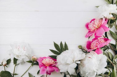 Beyaz ahşap arka planda pembe ve beyaz şakayıklar, kopyalama alanı, düzlük, tebrik kartı.