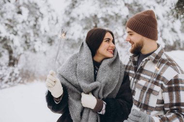 Kış Ormanı 'nda kıvılcımlarla poz veren, Bengal ışıkları tutan, Noel tatillerini birlikte kutlayan,