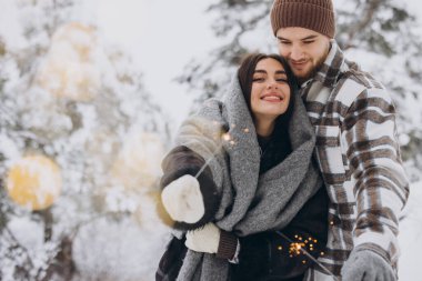 Kış Ormanı 'nda kıvılcımlarla poz veren, Bengal ışıkları tutan, Noel tatillerini birlikte kutlayan,