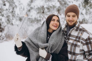 Kış Ormanı 'nda kıvılcımlarla poz veren, Bengal ışıkları tutan, Noel tatillerini birlikte kutlayan,