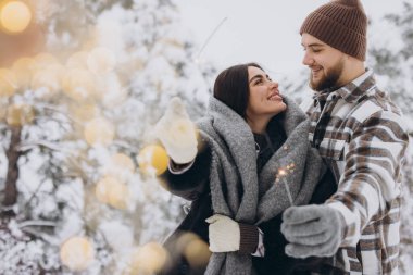 Kış Ormanı 'nda kıvılcımlarla poz veren, Bengal ışıkları tutan, Noel tatillerini birlikte kutlayan,