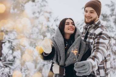 Kış Ormanı 'nda kıvılcımlarla poz veren, Bengal ışıkları tutan, Noel tatillerini birlikte kutlayan,