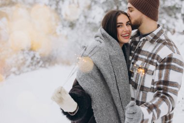 Kış Ormanı 'nda kıvılcımlarla poz veren, Bengal ışıkları tutan, Noel tatillerini birlikte kutlayan,