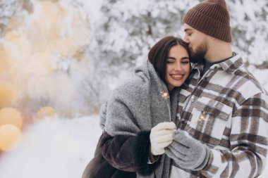 Kış Ormanı 'nda kıvılcımlarla poz veren, Bengal ışıkları tutan, Noel tatillerini birlikte kutlayan,