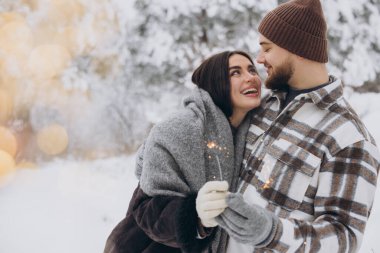 Kış Ormanı 'nda kıvılcımlarla poz veren, Bengal ışıkları tutan, Noel tatillerini birlikte kutlayan,