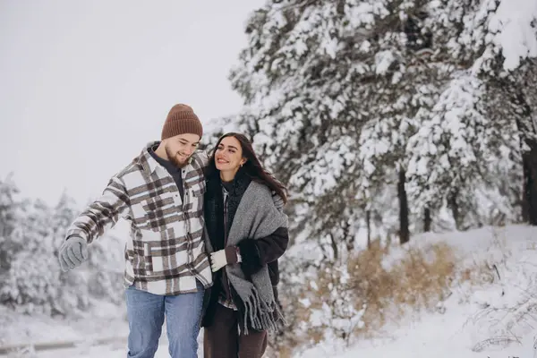 Genç, mutlu ve sevgi dolu bir çift dağlarda karlı bir ormanda yürüyor.