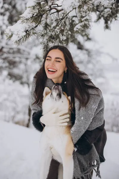 Cute Happy Woman Spending Time Akita Inu Dog Winter Snowy — Stock Photo, Image