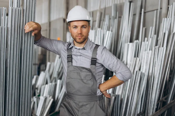 Happy Bearded Male Factory Worker Special Uniform White Hard Hat — Stock Photo, Image