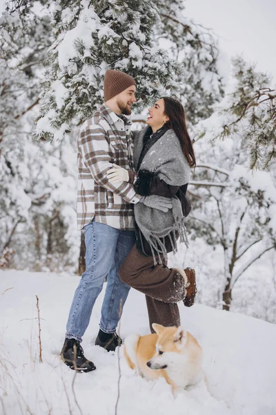 Happy Young Couple Walking Akita Dog Forest Winter Snowly Day — Stock Photo, Image