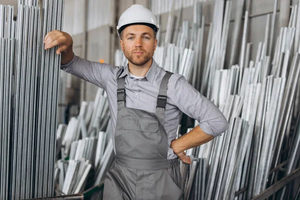 Happy Bearded Male Factory Worker Special Uniform White Hard Hat — Stock Photo, Image