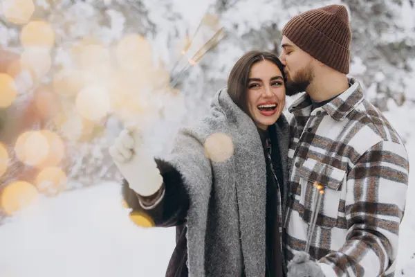 Kış Ormanı 'nda kıvılcımlarla poz veren, Bengal ışıkları tutan, Noel tatillerini birlikte kutlayan,