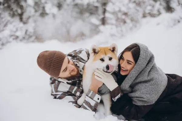 Happy Young Couple Akita Dog Forest Winter Day — Stock Photo, Image