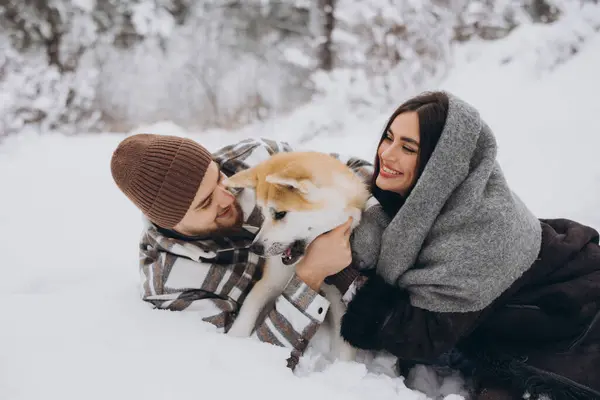Happy Young Couple Akita Dog Forest Winter Day — Stock Photo, Image