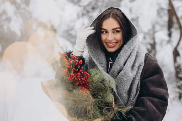 Portrait Happy Pretty Woman Knitted Scarf Mittens Holding Winter Pine — Stock Photo, Image