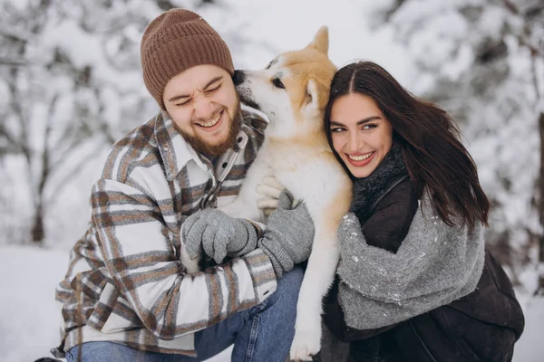 Happy Young Couple Akita Dog Forest Winter Snowly Day Dog — Stock Photo, Image
