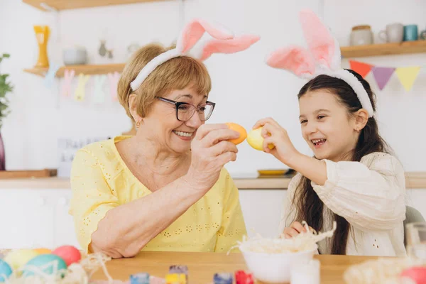 Happy Grandmother Granddaughter Easter Bunny Ears Having Egg Tapping Easter — Stock Photo, Image